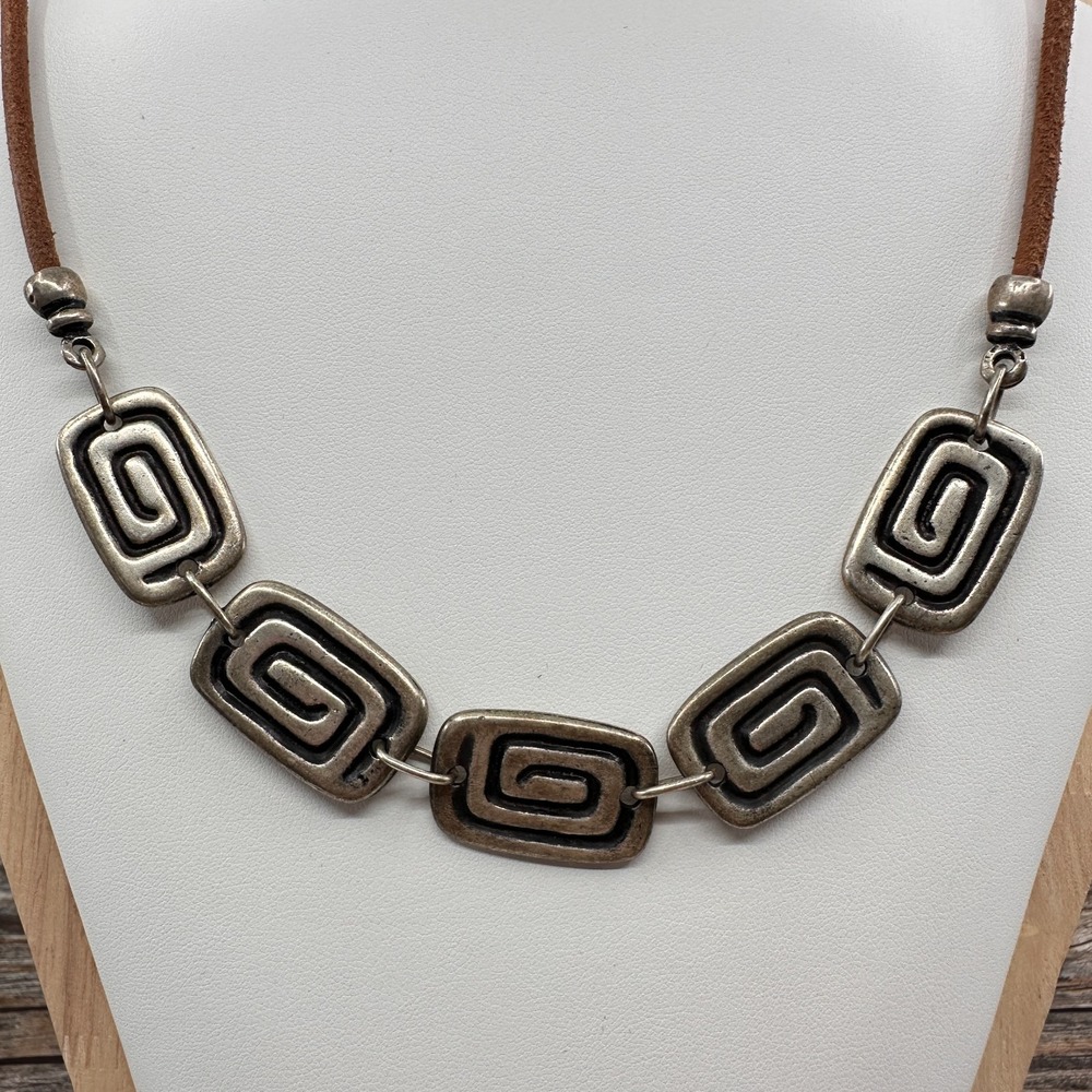 Silver Tone Greek Key Spiral Link Brown Cord Necklace Boho Statement Geometric